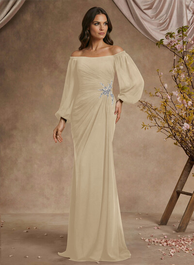 Trumpet/Mermaid Floor-Length Off-The-Shoulder Long Sleeves Chiffon Mother Of The Bride Dresses With Beading
