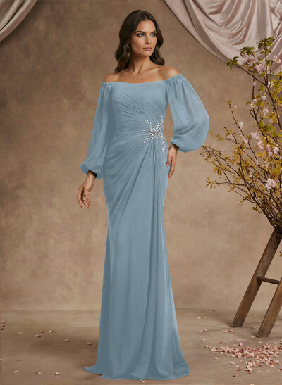 Trumpet/Mermaid Floor-Length Off-The-Shoulder Long Sleeves Chiffon Mother Of The Bride Dresses With Beading