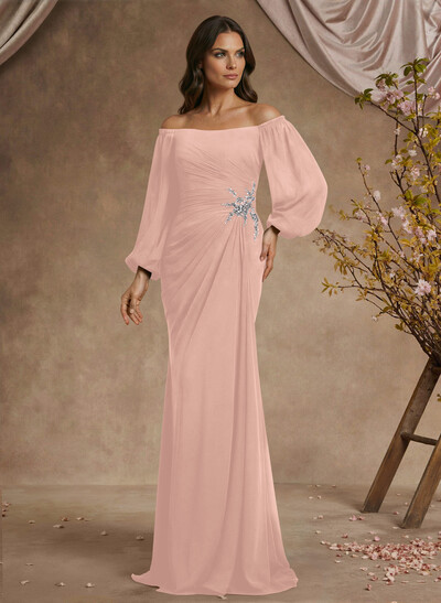 Trumpet/Mermaid Floor-Length Off-The-Shoulder Long Sleeves Chiffon Mother Of The Bride Dresses With Beading