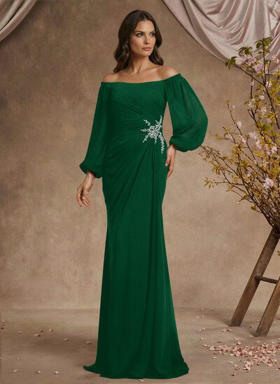 Trumpet/Mermaid Floor-Length Off-The-Shoulder Long Sleeves Chiffon Mother Of The Bride Dresses With Beading