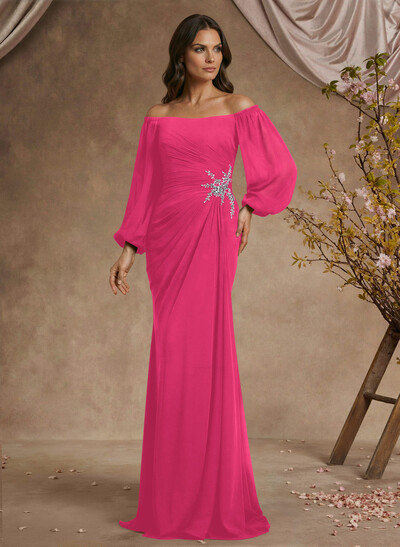 Trumpet/Mermaid Floor-Length Off-The-Shoulder Long Sleeves Chiffon Mother Of The Bride Dresses With Beading