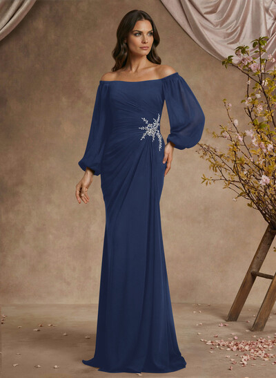 Trumpet/Mermaid Floor-Length Off-The-Shoulder Long Sleeves Chiffon Mother Of The Bride Dresses With Beading