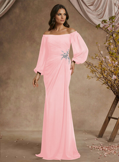 Trumpet/Mermaid Floor-Length Off-The-Shoulder Long Sleeves Chiffon Mother Of The Bride Dresses With Beading