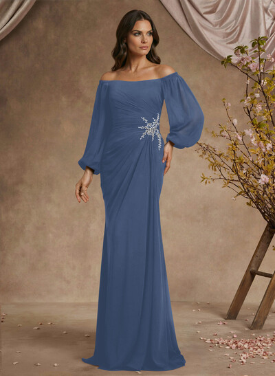 Trumpet/Mermaid Floor-Length Off-The-Shoulder Long Sleeves Chiffon Mother Of The Bride Dresses With Beading