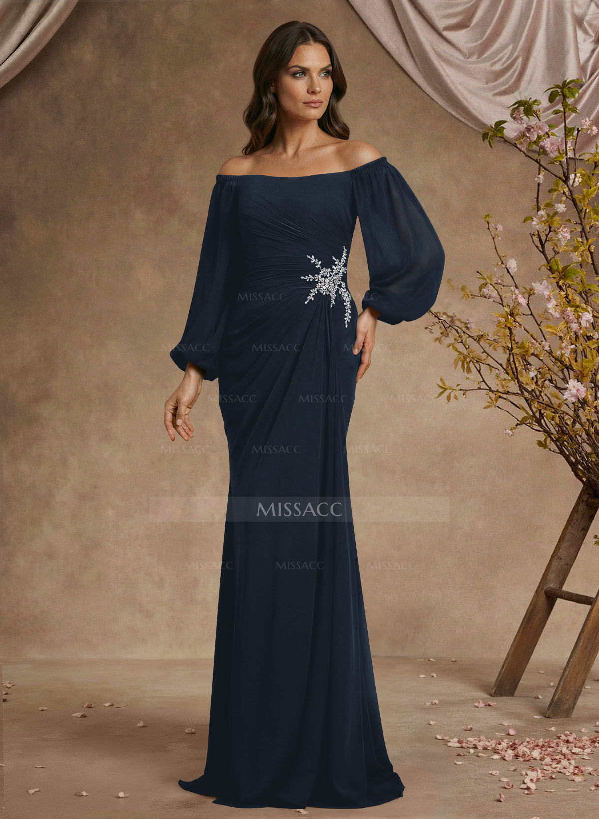 Trumpet/Mermaid Floor-Length Off-The-Shoulder Long Sleeves Chiffon Mother Of The Bride Dresses With Beading