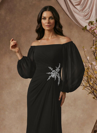 Trumpet/Mermaid Floor-Length Off-The-Shoulder Long Sleeves Chiffon Mother Of The Bride Dresses With Beading