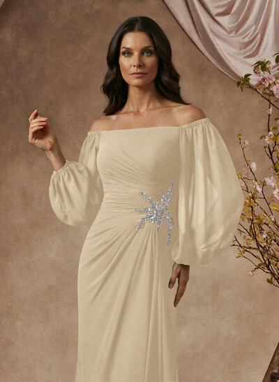 Trumpet/Mermaid Floor-Length Off-The-Shoulder Long Sleeves Chiffon Mother Of The Bride Dresses With Beading