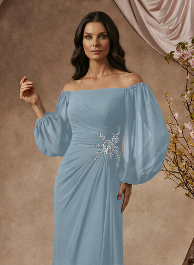Trumpet/Mermaid Floor-Length Off-The-Shoulder Long Sleeves Chiffon Mother Of The Bride Dresses With Beading