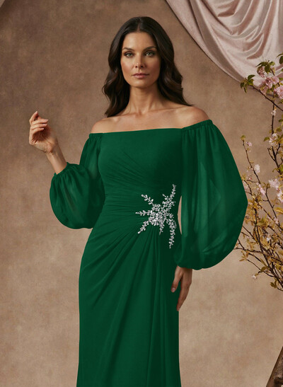Trumpet/Mermaid Floor-Length Off-The-Shoulder Long Sleeves Chiffon Mother Of The Bride Dresses With Beading