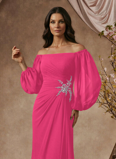 Trumpet/Mermaid Floor-Length Off-The-Shoulder Long Sleeves Chiffon Mother Of The Bride Dresses With Beading