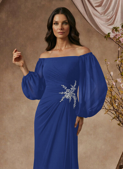 Trumpet/Mermaid Floor-Length Off-The-Shoulder Long Sleeves Chiffon Mother Of The Bride Dresses With Beading