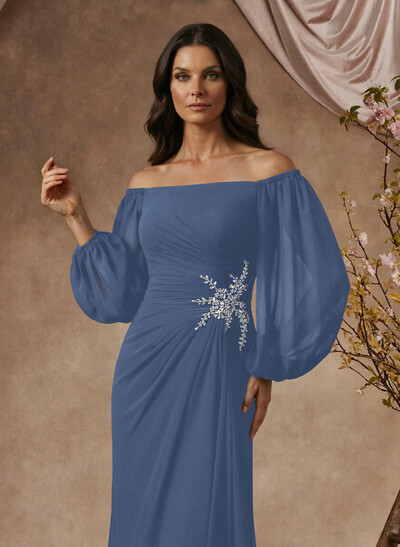 Floor-Length Trumpet/Mermaid Off-The-Shoulder Long Sleeve Chiffon Mother Of The Bride Dress With Beading
