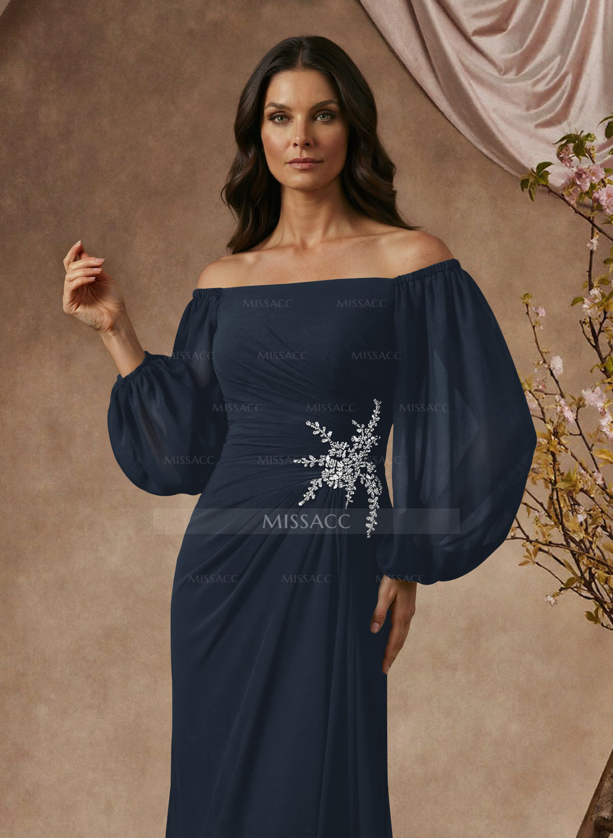 Trumpet/Mermaid Floor-Length Off-The-Shoulder Long Sleeves Chiffon Mother Of The Bride Dresses With Beading