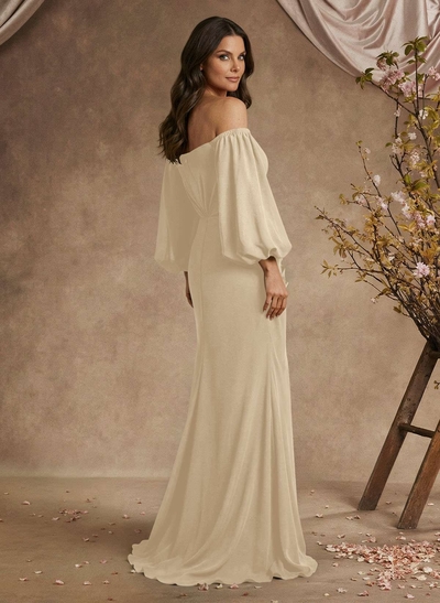 Trumpet/Mermaid Floor-Length Off-The-Shoulder Long Sleeves Chiffon Mother Of The Bride Dresses With Beading