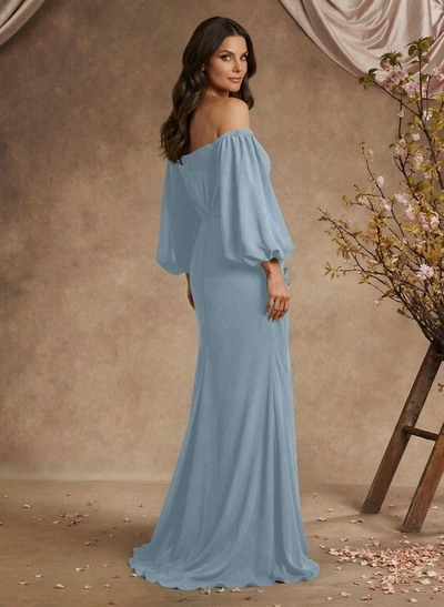 Trumpet/Mermaid Floor-Length Off-The-Shoulder Long Sleeves Chiffon Mother Of The Bride Dresses With Beading