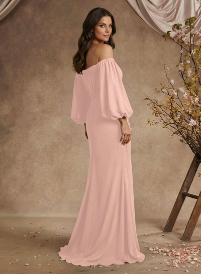 Trumpet/Mermaid Floor-Length Off-The-Shoulder Long Sleeves Chiffon Mother Of The Bride Dresses With Beading