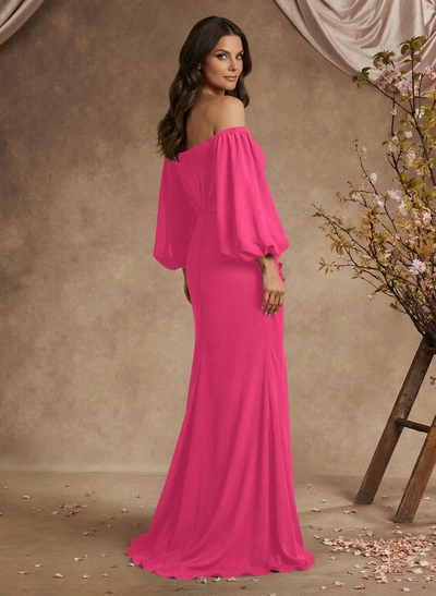 Trumpet/Mermaid Floor-Length Off-The-Shoulder Long Sleeves Chiffon Mother Of The Bride Dresses With Beading
