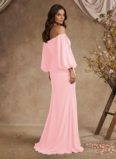 Trumpet/Mermaid Floor-Length Off-The-Shoulder Long Sleeves Chiffon Mother Of The Bride Dresses With Beading