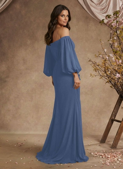 Trumpet/Mermaid Floor-Length Off-The-Shoulder Long Sleeves Chiffon Mother Of The Bride Dresses With Beading