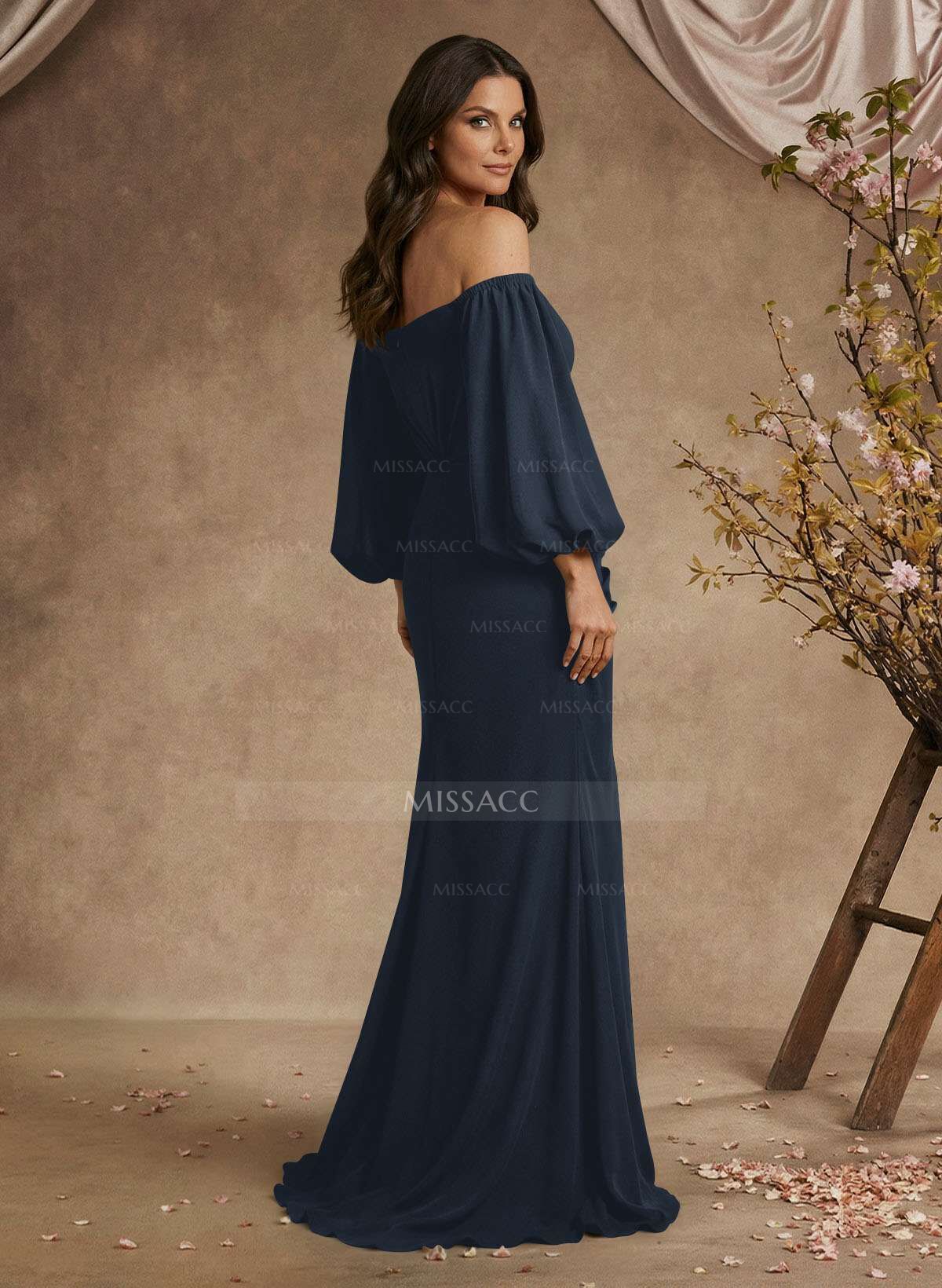 Trumpet/Mermaid Floor-Length Off-The-Shoulder Long Sleeves Chiffon Mother Of The Bride Dresses With Beading