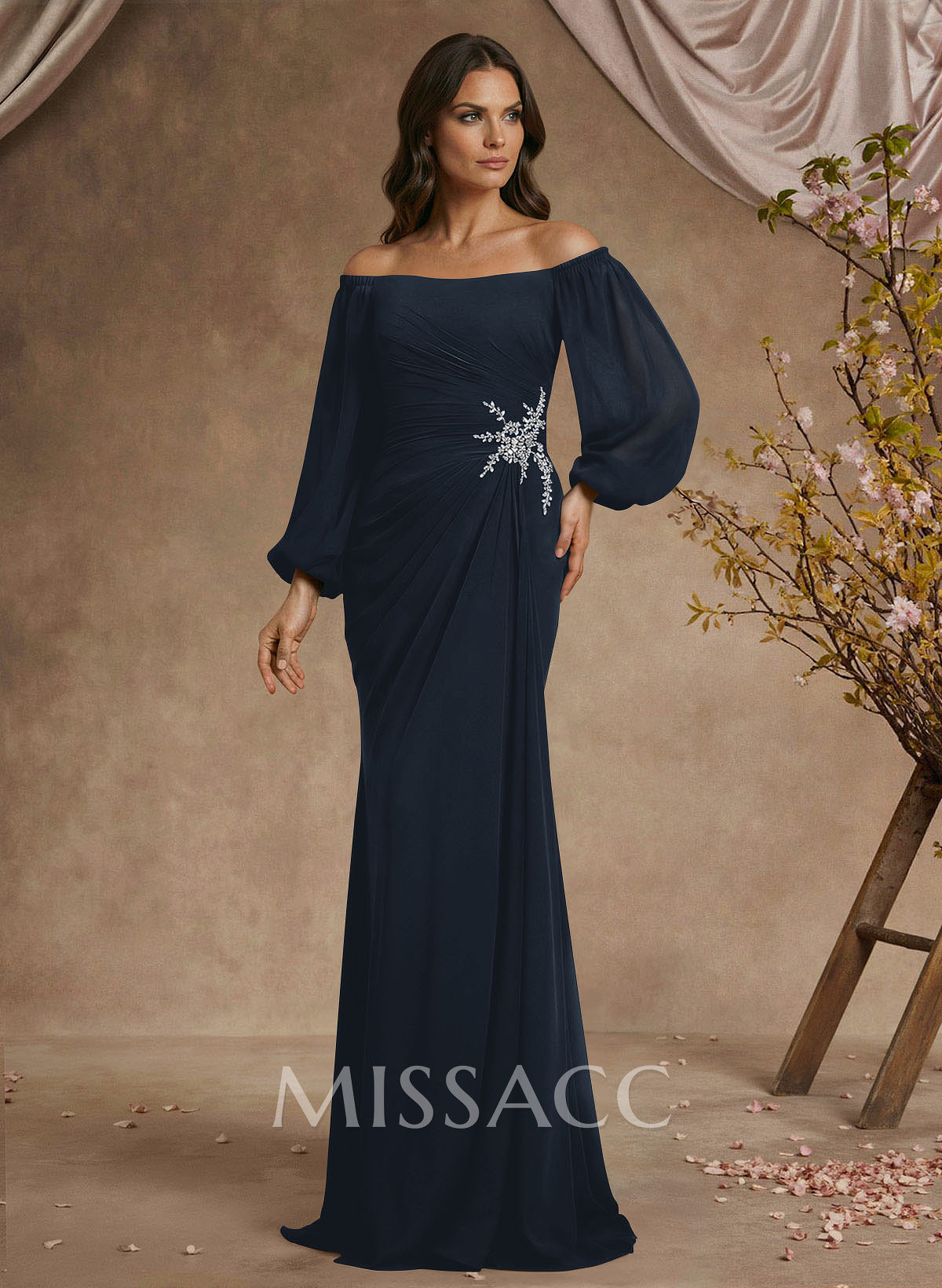 Trumpet/Mermaid Floor-Length Off-The-Shoulder Long Sleeves Chiffon Mother Of The Bride Dresses With Beading Trumpet/Mermaid Floor-Length Off-The-Shoulder Long Sleeves Chiffon Mother Of The Bride Dresses With Beading