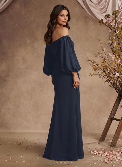 Trumpet/Mermaid Floor-Length Off-The-Shoulder Long Sleeves Chiffon Mother Of The Bride Dresses With Beading