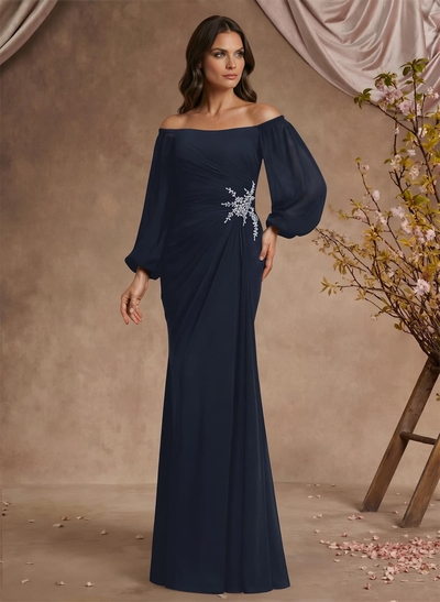 Trumpet/Mermaid Floor-Length Off-The-Shoulder Long Sleeves Chiffon Mother Of The Bride Dresses With Beading