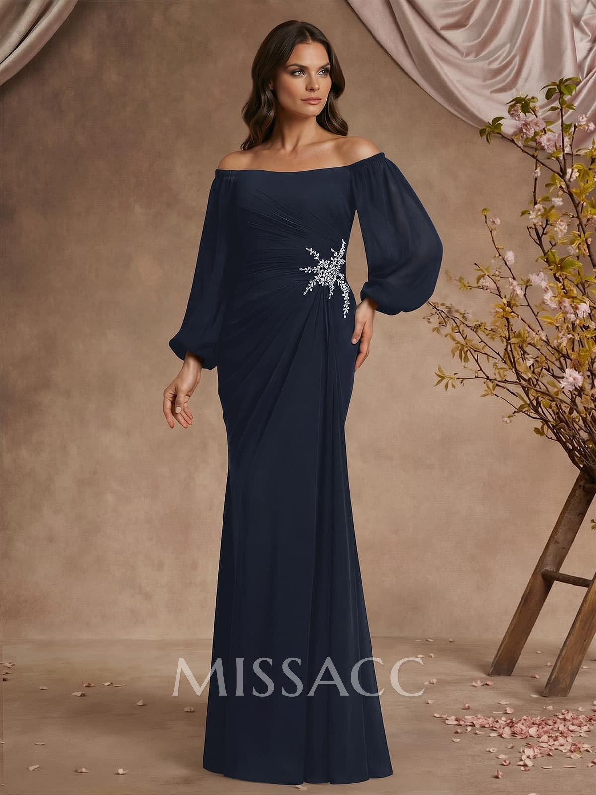 Trumpet/Mermaid Floor-Length Off-The-Shoulder Long Sleeves Chiffon Mother Of The Bride Dresses With Beading Trumpet/Mermaid Floor-Length Off-The-Shoulder Long Sleeves Chiffon Mother Of The Bride Dresses With Beading