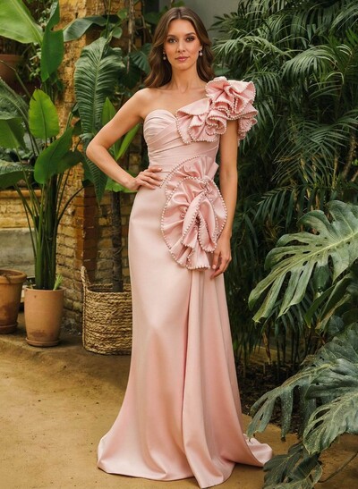 Sheath Column One-Shoulder Sleeveless Sweep Train Matte Satin Mother Of The Bride Dresses With Ruffle Beading Sweeping Side Drape