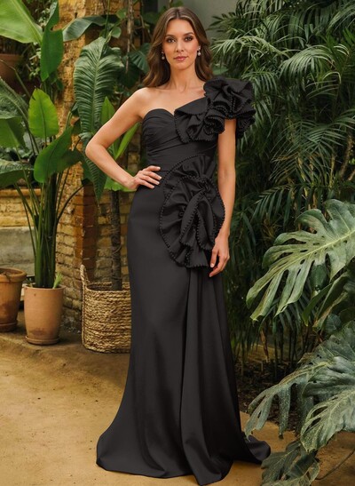 Sheath Column One-Shoulder Sleeveless Sweep Train Matte Satin Mother Of The Bride Dresses With Ruffle Beading Sweeping Side Drape