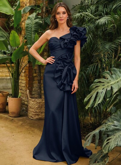 Sheath Column One-Shoulder Sleeveless Sweep Train Matte Satin Mother Of The Bride Dresses With Ruffle Beading Sweeping Side Drape