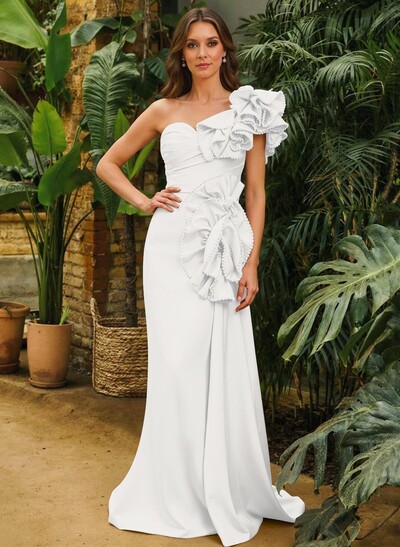 Sheath Column One-Shoulder Sleeveless Sweep Train Matte Satin Mother Of The Bride Dresses With Ruffle Beading Sweeping Side Drape