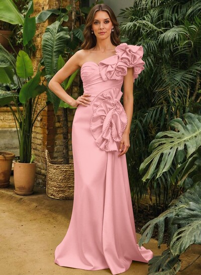 Sheath Column One-Shoulder Sleeveless Sweep Train Matte Satin Mother Of The Bride Dresses With Ruffle Beading Sweeping Side Drape