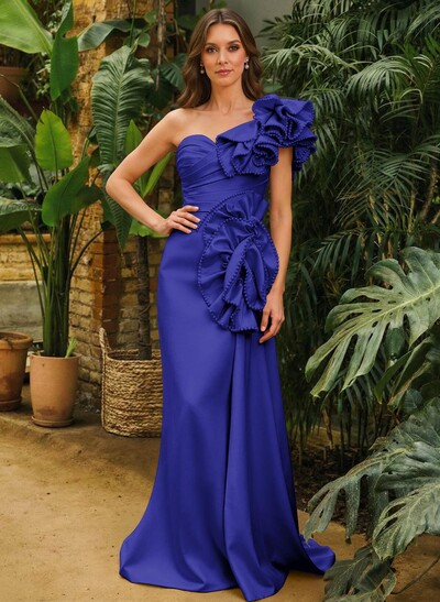 Sheath Column One-Shoulder Sleeveless Sweep Train Matte Satin Mother Of The Bride Dresses With Ruffle Beading Sweeping Side Drape