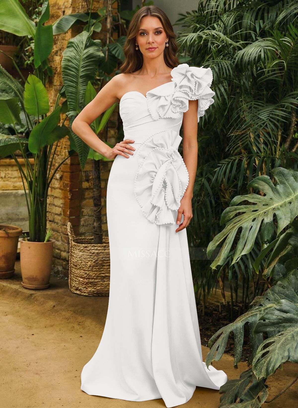 Sheath Column One-Shoulder Sleeveless Sweep Train Matte Satin Mother Of The Bride Dresses With Ruffle Beading Sweeping Side Drape