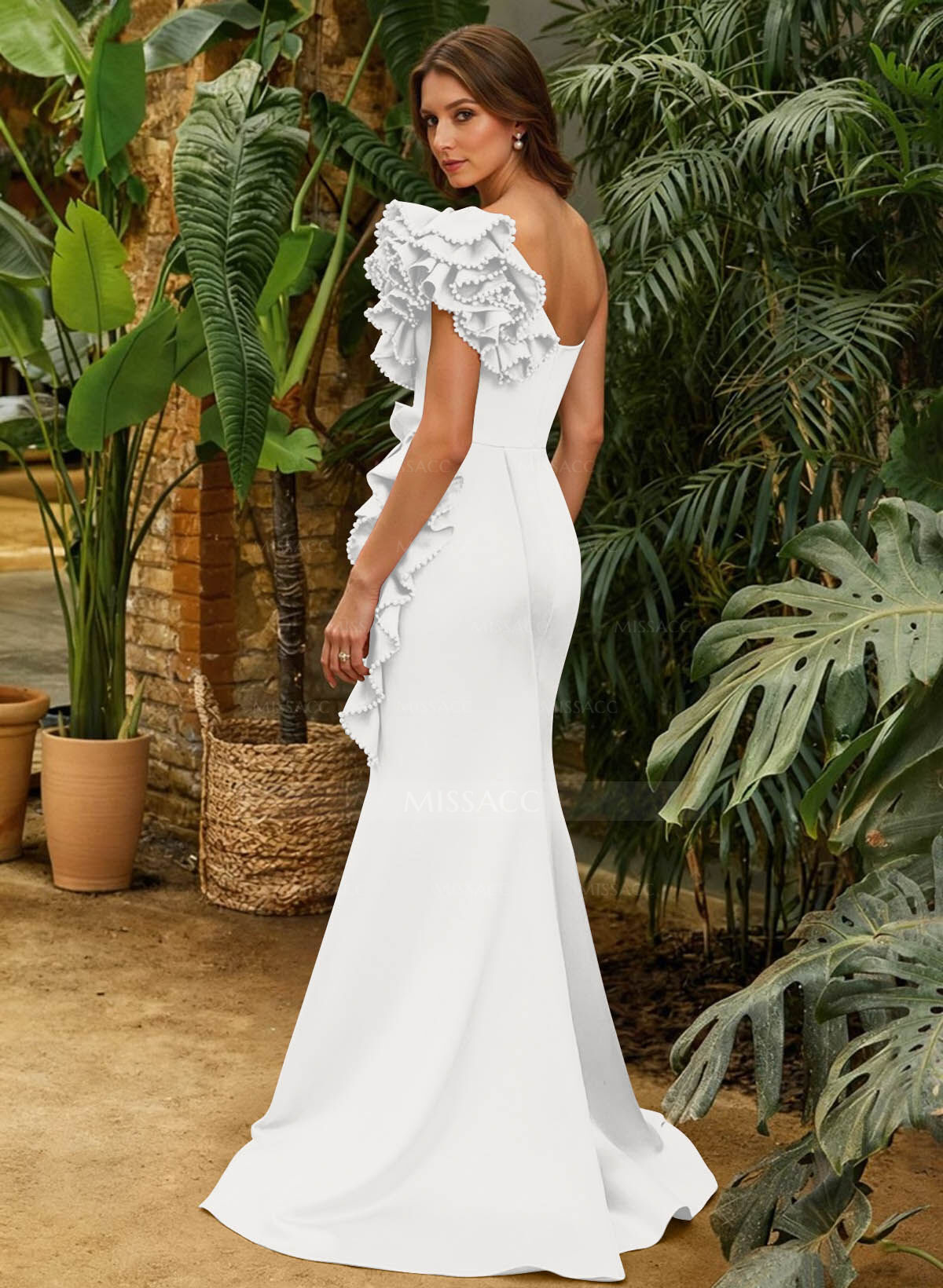 Sheath Column One-Shoulder Sleeveless Sweep Train Matte Satin Mother Of The Bride Dresses With Ruffle Beading Sweeping Side Drape