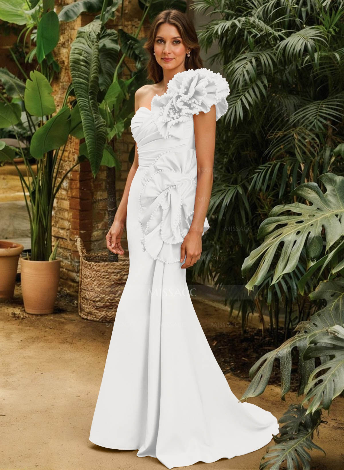 Sheath Column One-Shoulder Sleeveless Sweep Train Matte Satin Mother Of The Bride Dresses With Ruffle Beading Sweeping Side Drape