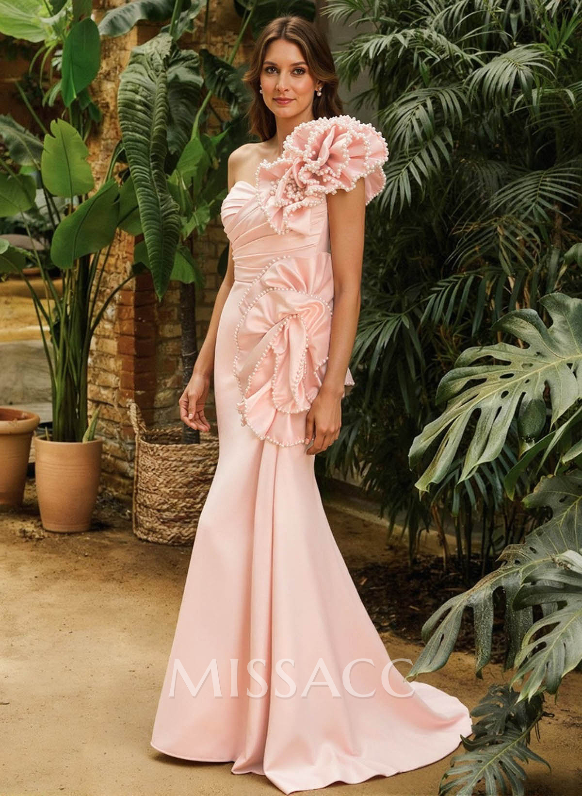 Sheath Column One-Shoulder Sleeveless Sweep Train Matte Satin Mother Of The Bride Dresses With Ruffle Beading Sweeping Side Drape