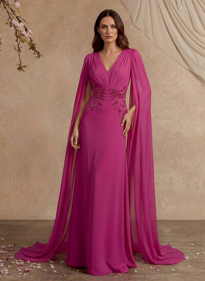 Elegant V-Neck Cape Sleeves Beading A-Line Sweep Train Chiffon Mother Of The Bride Dresses