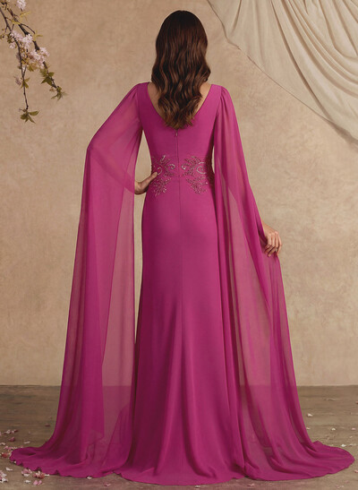 Elegant V-Neck Cape Sleeves Beading A-Line Sweep Train Chiffon Mother Of The Bride Dresses