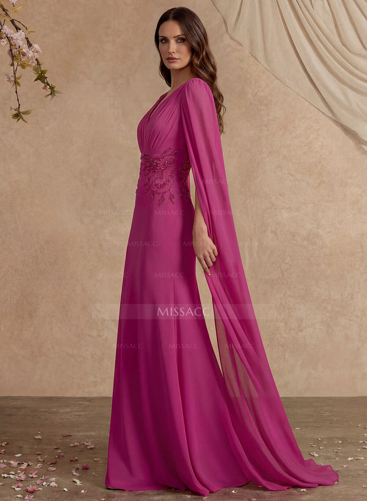Elegant V-Neck Cape Sleeves Beading A-Line Sweep Train Chiffon Mother Of The Bride Dresses