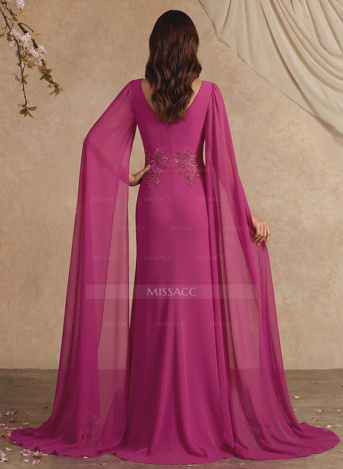 Elegant V-Neck Cape Sleeves Beading A-Line Sweep Train Chiffon Mother Of The Bride Dresses