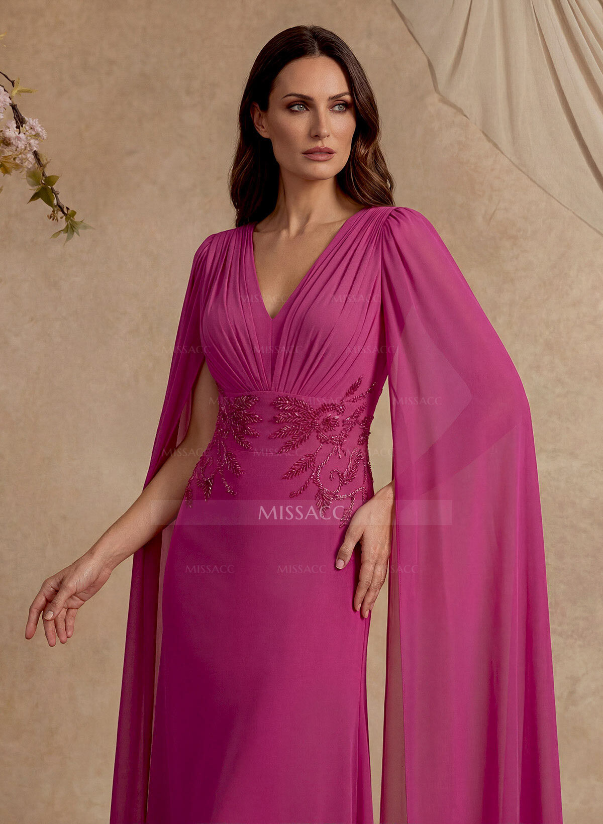 Elegant V-Neck Cape Sleeves Beading A-Line Sweep Train Chiffon Mother Of The Bride Dresses