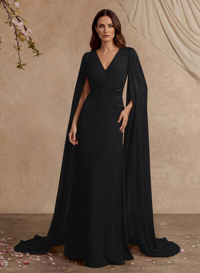 Elegant V-Neck Cape Sleeves Beading A-Line Sweep Train Chiffon Mother Of The Bride Dresses