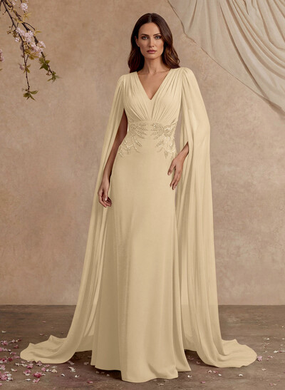 Elegant V-Neck Cape Sleeves Beading A-Line Sweep Train Chiffon Mother Of The Bride Dresses