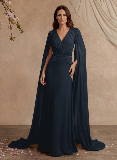 Elegant V-Neck Cape Sleeves Beading A-Line Sweep Train Chiffon Mother Of The Bride Dresses