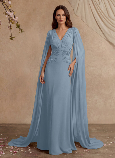 Elegant V-Neck Cape Sleeves Beading A-Line Sweep Train Chiffon Mother Of The Bride Dresses