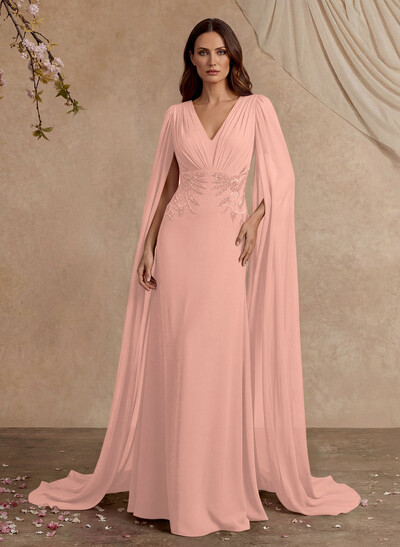 Elegant V-Neck Cape Sleeves Beading A-Line Sweep Train Chiffon Mother Of The Bride Dresses