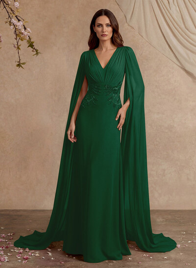 Elegant V-Neck Cape Sleeves Beading A-Line Sweep Train Chiffon Mother Of The Bride Dresses