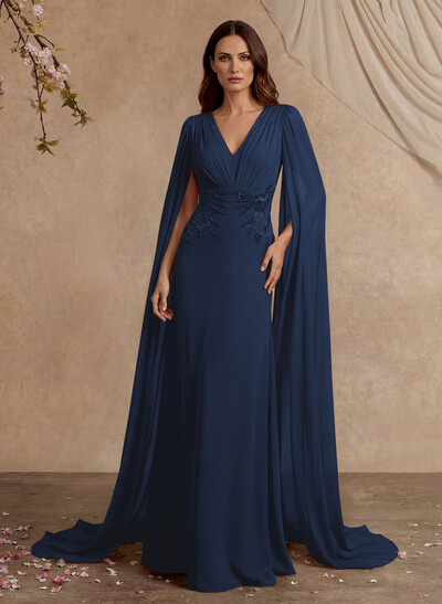 Elegant V-Neck Cape Sleeves Beading A-Line Sweep Train Chiffon Mother Of The Bride Dresses